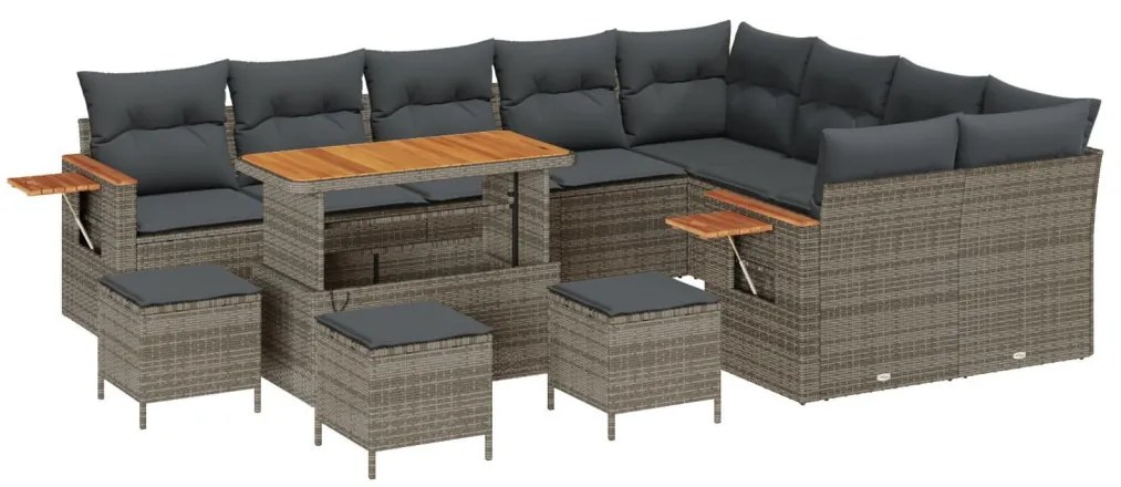 13 darabos Kerti Kanapészett párnákkal szürke poli rattan akáccal, 4 darabos Kerti Étkező Szett párnákkal szürke poli rattan akáccal