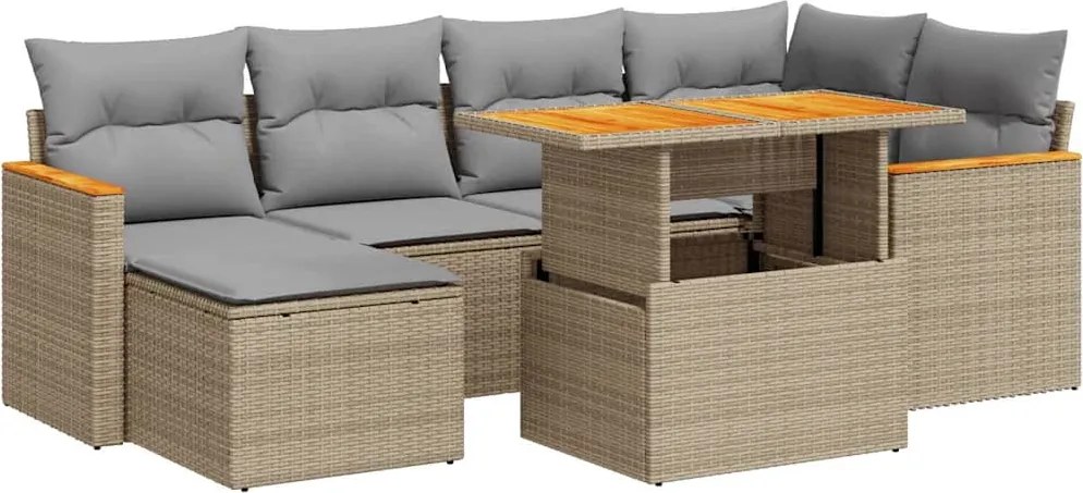 vidaXL 7 részes bézs polyrattan akácfa kerti ülőgarnitúra párnákkal
