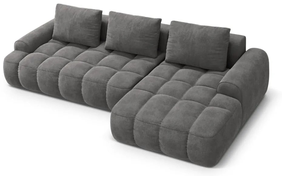 Szürke bársony kinyitható-tárolóhelyes sarokkanapé (jobb oldali-heverő résszel) Linz – Cosmopolitan Design