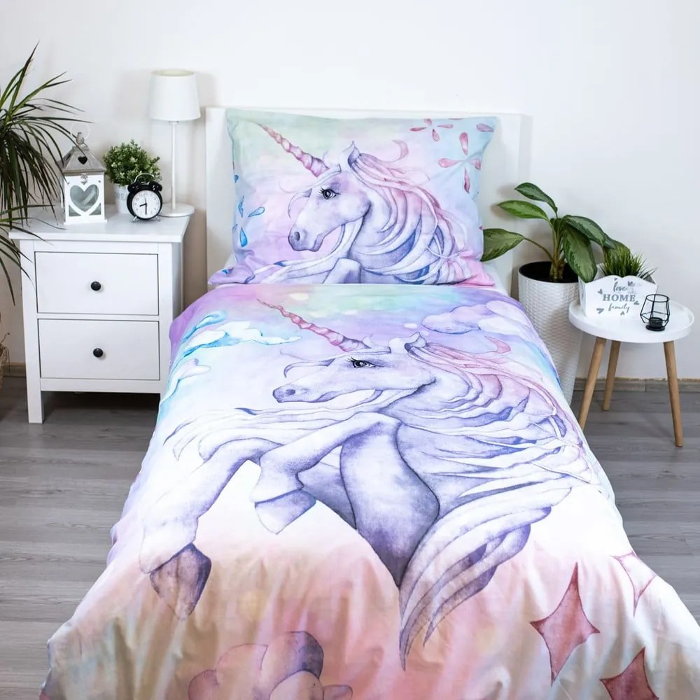 Egyszemélyes pamut gyerek ágyneműhuzat 140x200 cm Unicorn "Pastel Rainbow" – Jerry Fabrics