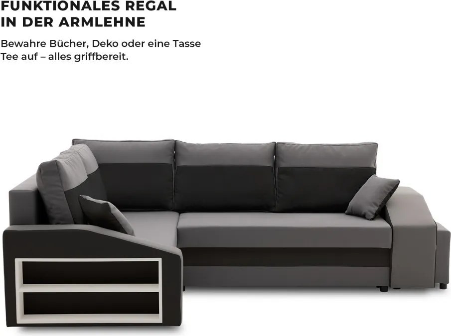 Grande sarokkanapé polcokkal és puffokkal , polc a bal karfaban puffok a jobb karfaban, baloldali, szövet anyag, bonell töltet, szürke - fekete