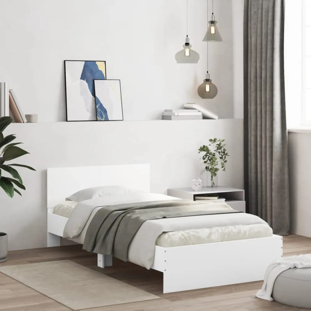 fehér ágykeret fejtámlával és LED-világítással 100 x 200 cm