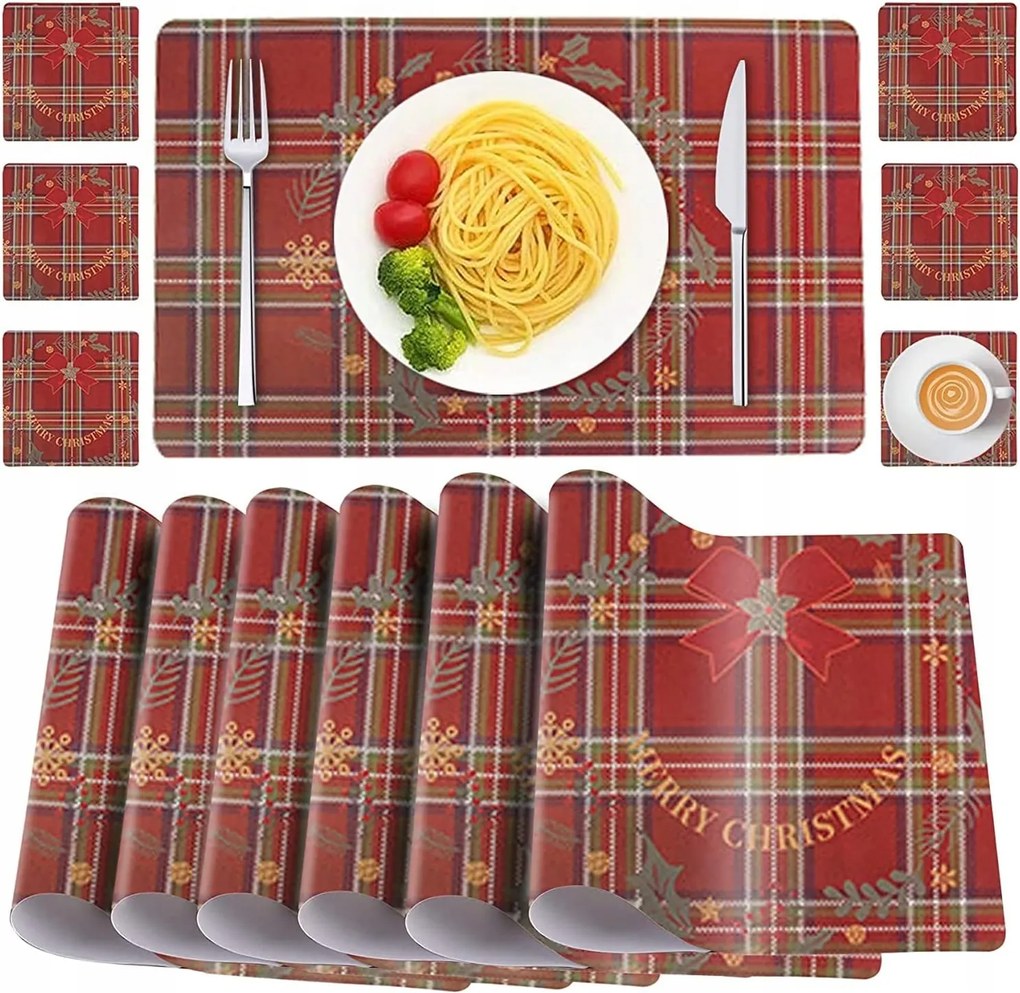 Alátét Tányérakhoz Poharakhoz Piros Karácsonyi Ünnepi Szett 6+6