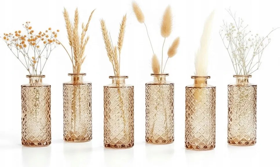 6 Db-os Üveg Váza Szett Borostyán Vintage Retro Boho