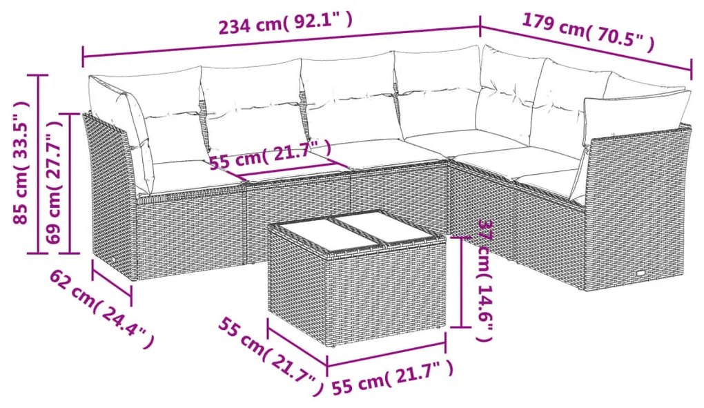 7 részes szürke polyrattan kerti ülőgarnitúra párnákkal