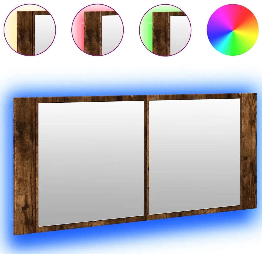 Füstös tölgy színű LED-es tükrös fürdőszobaszekrény 100x12x45cm