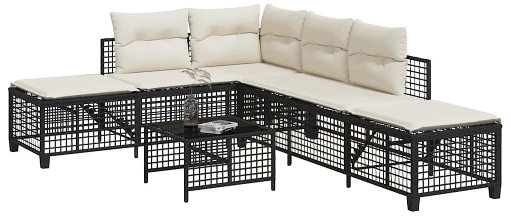 3 részes fekete polyrattan kerti sarokkanapé garnitúra párnával