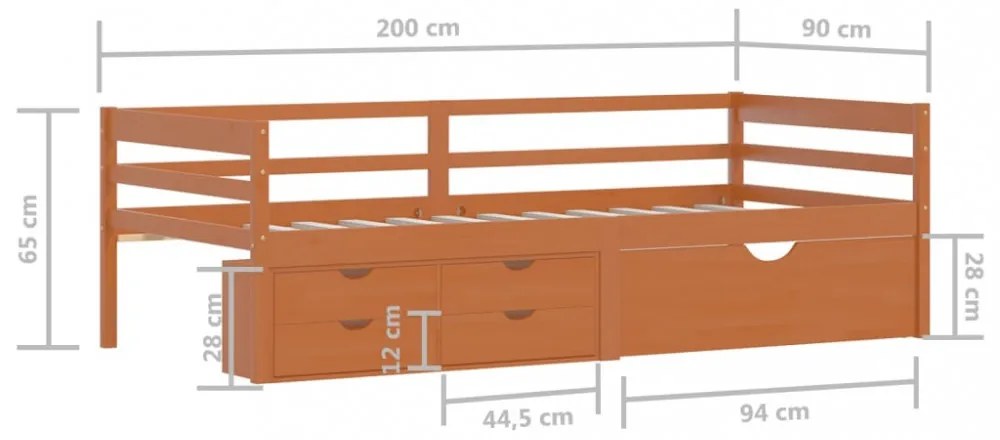 mézbarna fenyőfa ágykeret fiókokkal és szekrénnyel 90 x 200 cm