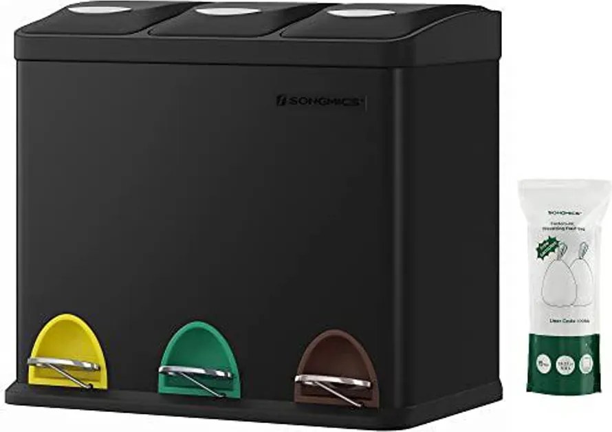 Kis szelektív konyhai hulladékgyűjtő, pedálos fedéllel, 3 x 8 literes  vödörrel, acél, fekete