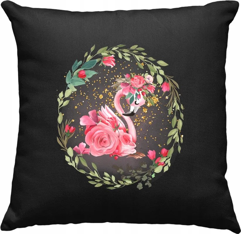 Párna Rózsaszín Flamingó Virágok Fekete
