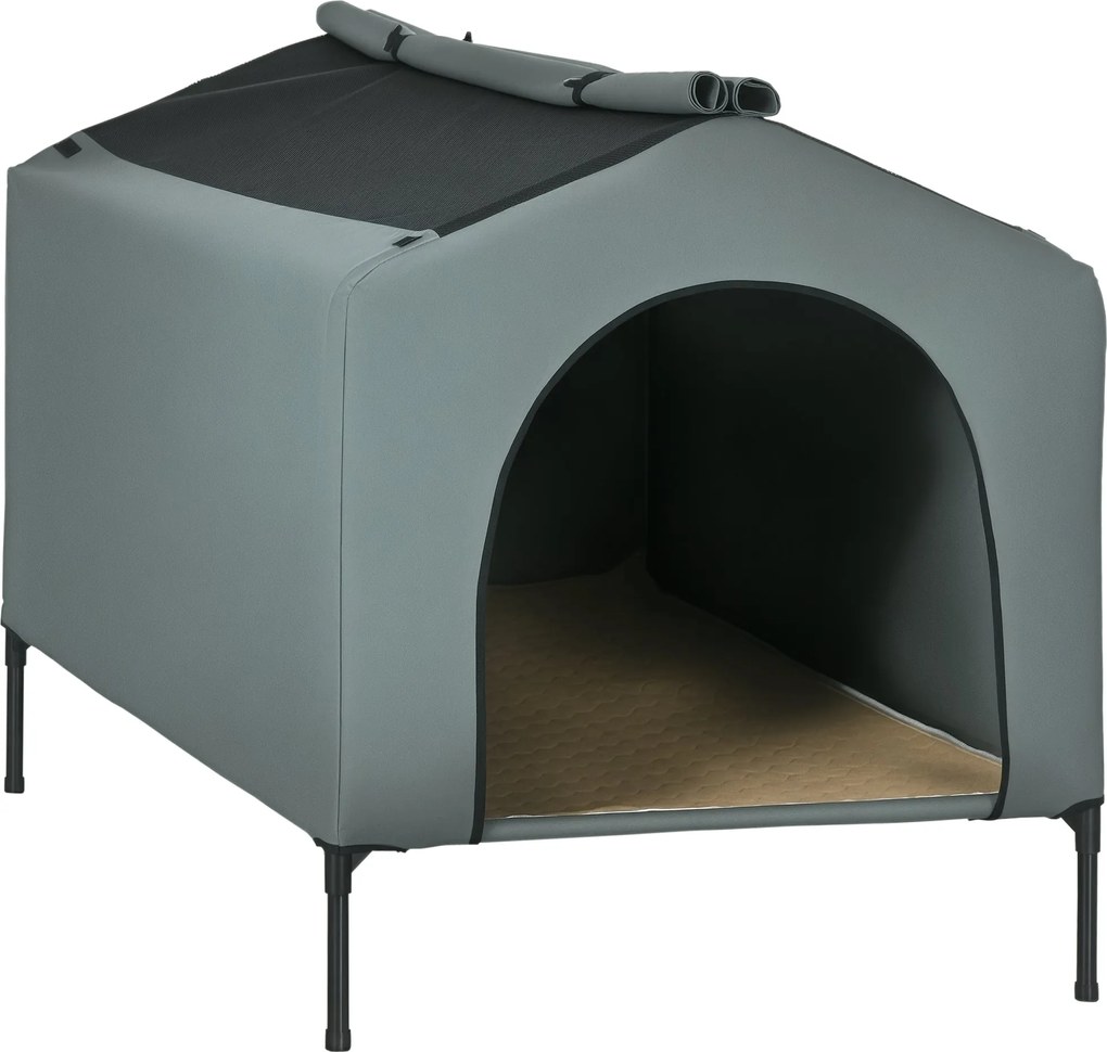 PawHut Kutya Ház Kültéri Borítással 130x85x95 cm Emelt Kutyafekhely Párnával és Felguruló Légáteresztő Ablakokkal Nagy Kutyák számára Szürke | Aosom