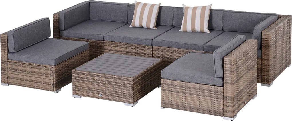 Outsunny 7 darabos kültéri rattan kertibútor szett kávézó asztallal és moduláris kanapéval párnákkal, Szürke | Aosom