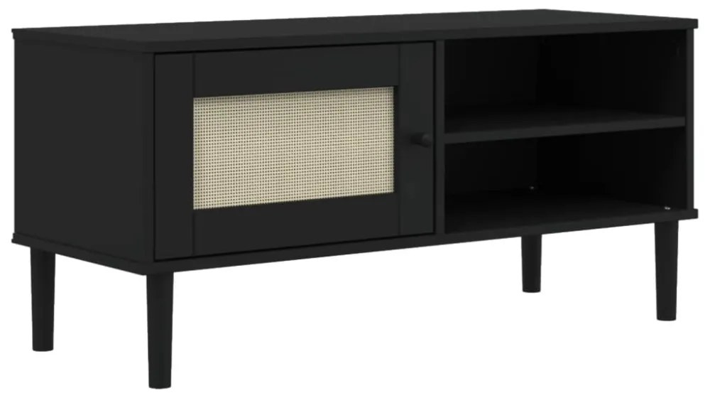 SENJA fekete rattanhatású tömör fenyő TV-szekrény 106x40x49 cm