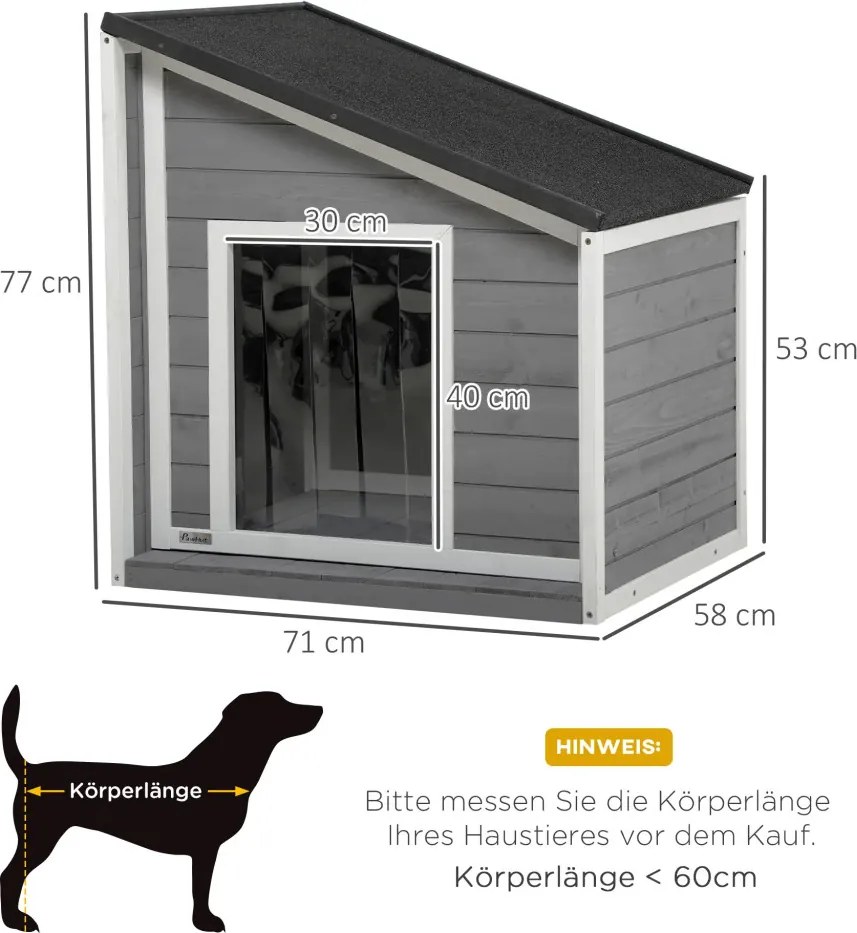 PawHut Tömörfa kutyaház, időjárásálló, aszfalttető, szürke-fehér
