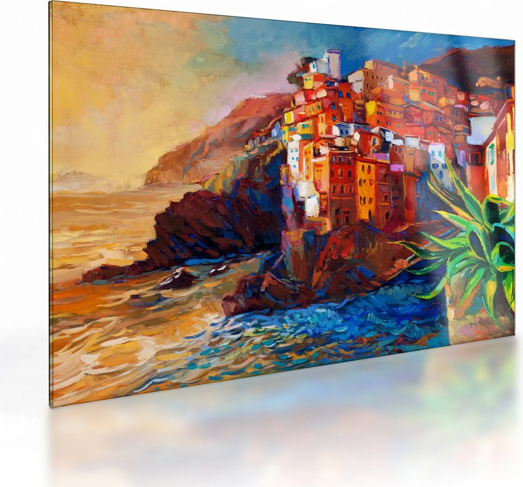Kép - Falu Cinque Terre partján, az olasz riviérán, modern impresszionizmus (üvegen) (70x50 cm)