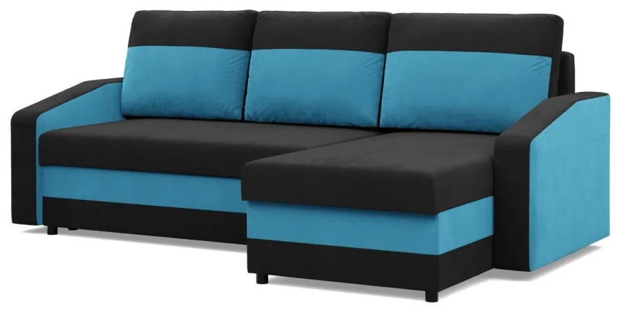 Hewlet sarokkanapé, 2 ágyneműtartóval, szövet anyag, univerzális oldal, bonell töltet, fekete - kék