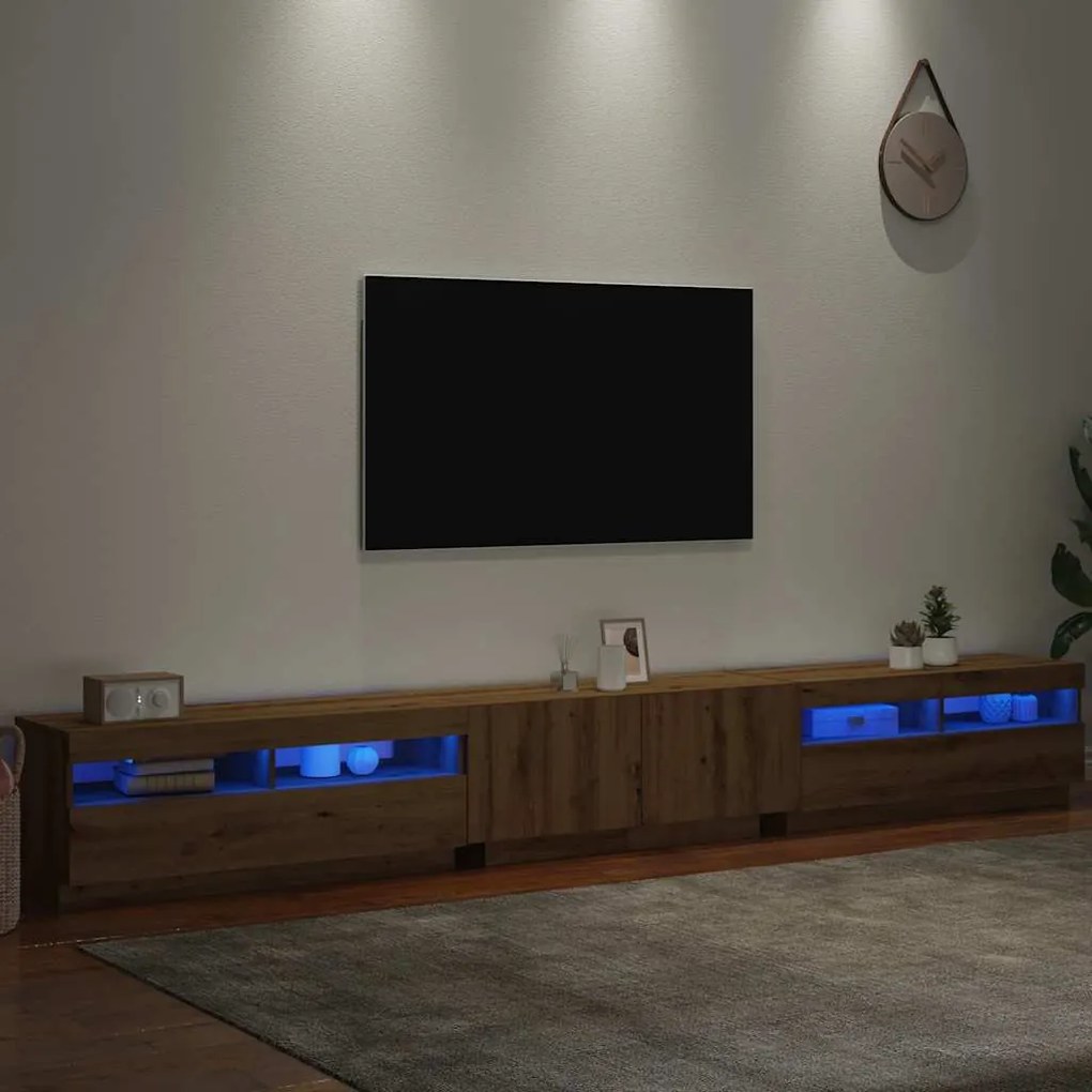 kézműves tölgy szerelt fa TV-szekrény LED-ekkel 300x35x40 cm