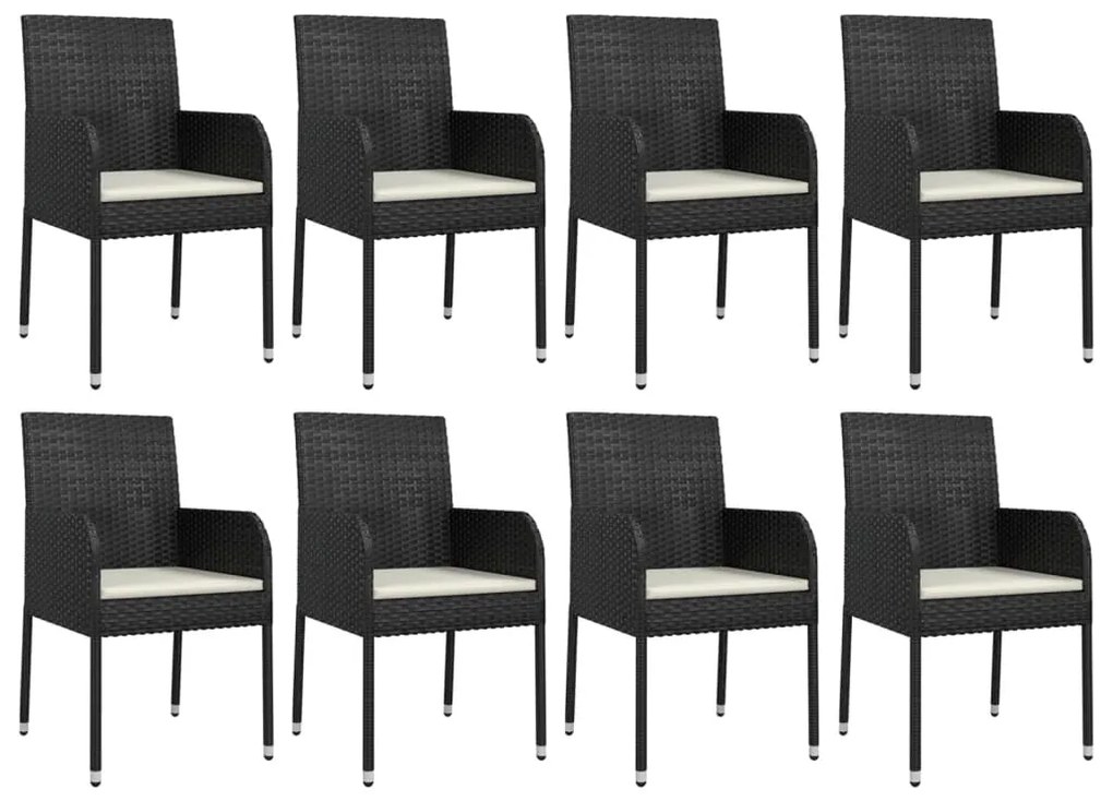 9 részes fekete polyrattan kerti étkezőgarnitúra párnákkal