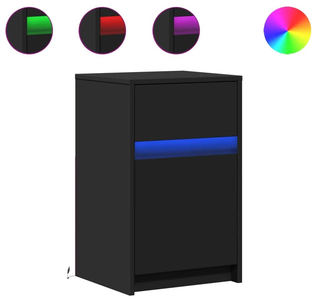 2 db fekete szerelt fa éjjeliszekrény LED-fényekkel