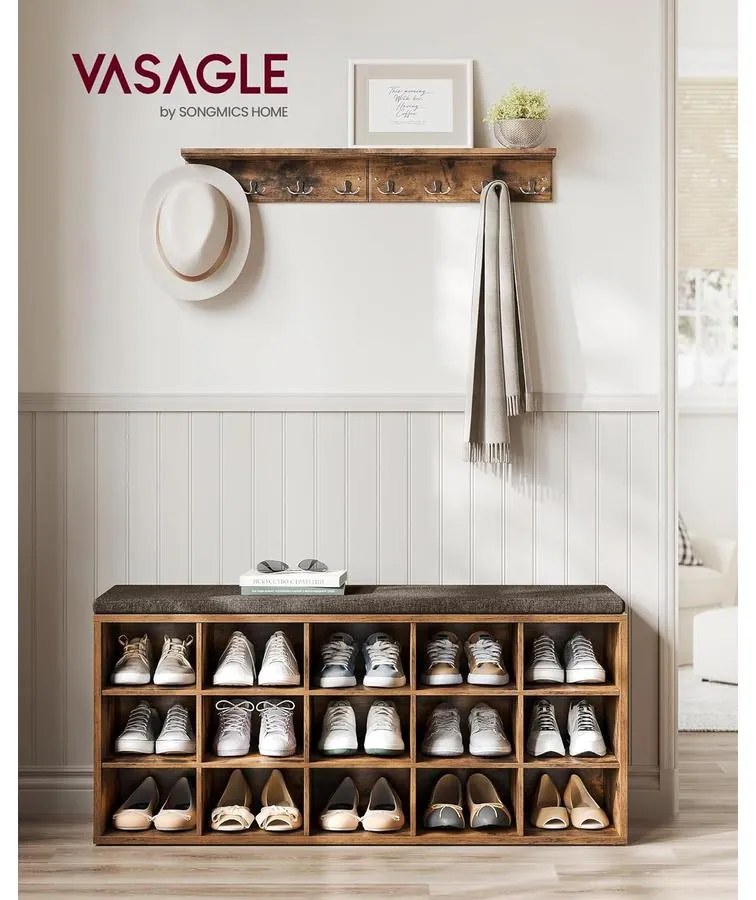 VASAGLE Cipőtartó pad, tárolós pad párnázott ülőfelülettel 30 × 105 × 48 cm, rusztikus barna színben