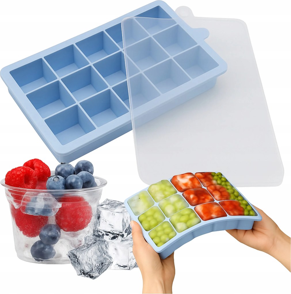 Szilikon Jégkockatartó 15 Db-os Forma Fedővel Kék XXL Montessa