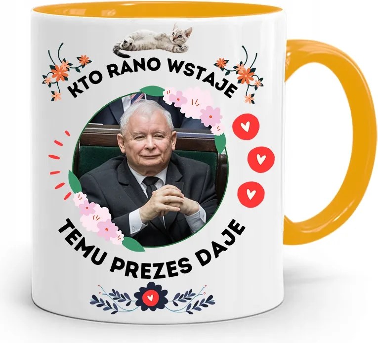 Sárga Vicces Bögre Jaroslaw Kaczynski felirattal, fényképpel