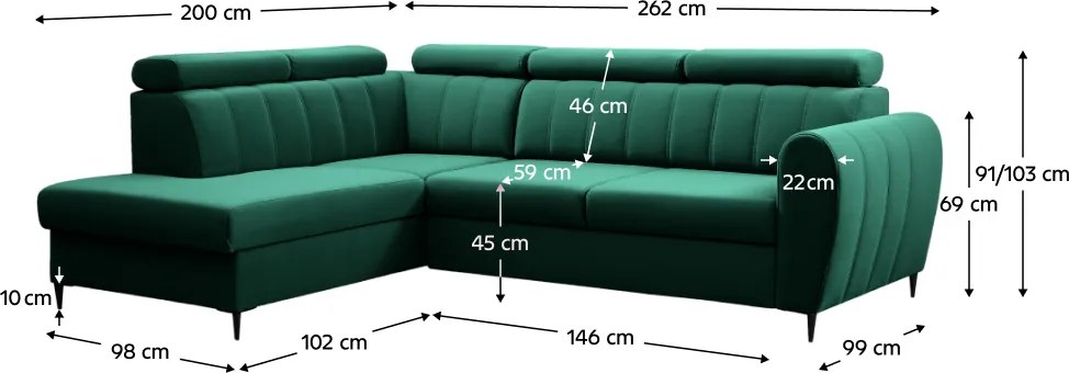 Kinyitható ülőgarnitúra, smaragd, balos, KORIO L