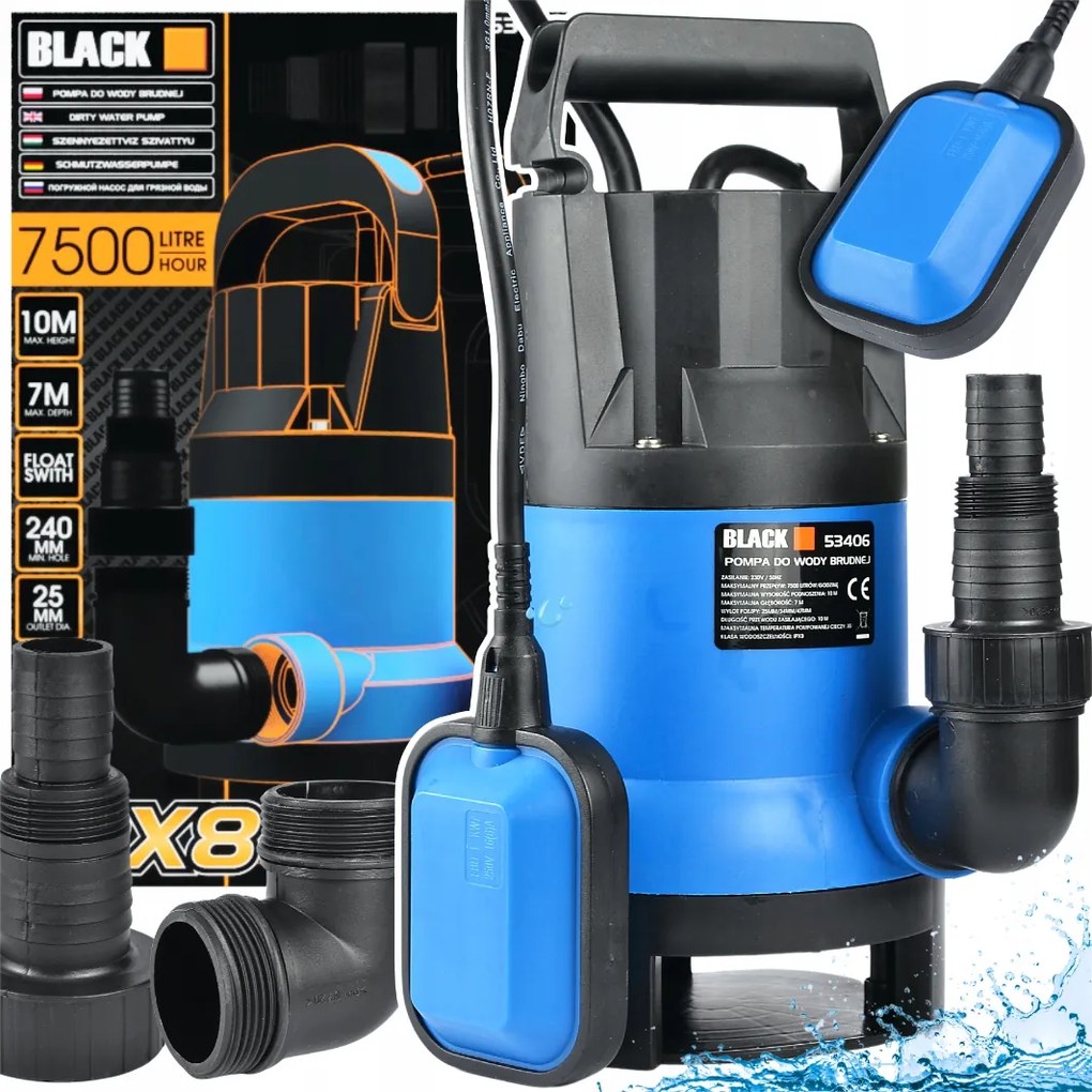 Búvárszivattyú tiszta piszkos vízhez esővíz úszóval Fekete