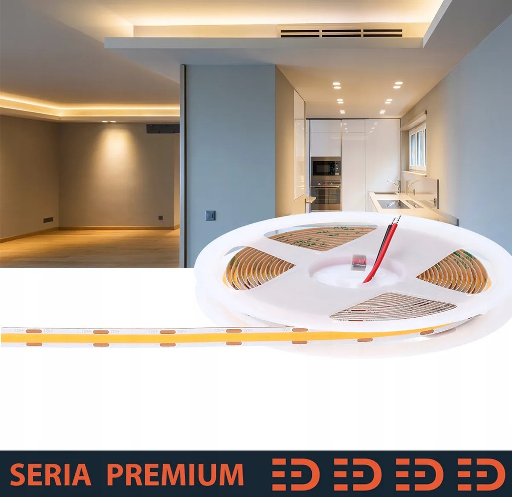 Led szalag 12V Cob 480led meleg fehér 3000K 950lm Ra90 |Tekercs 50m