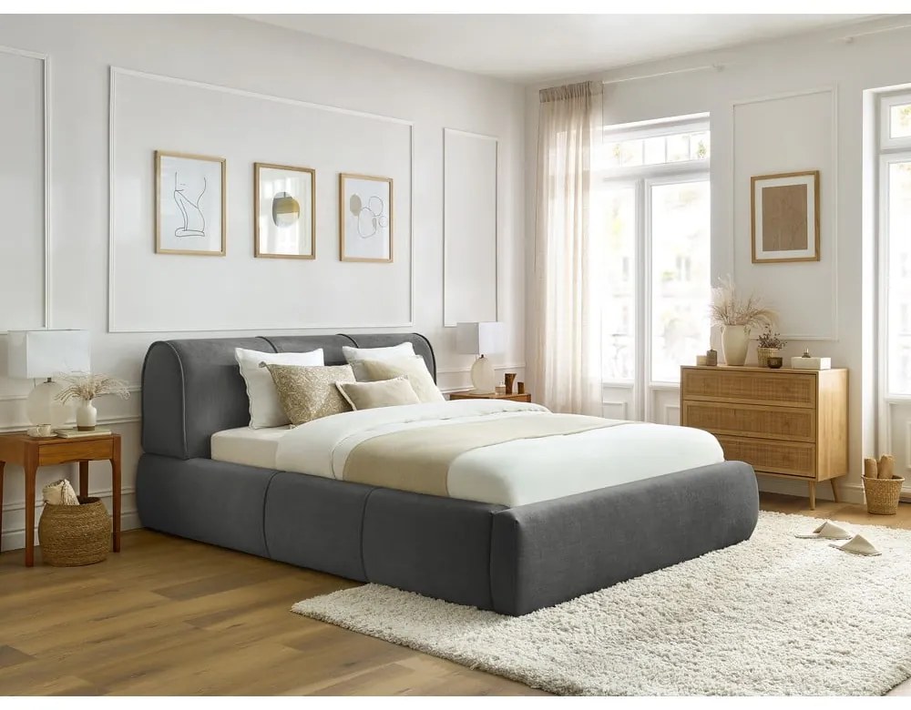 Szürke kárpitozott franciaágy tárolóhellyel, ágyráccsal 160x200 cm Vernon – Bobochic Paris