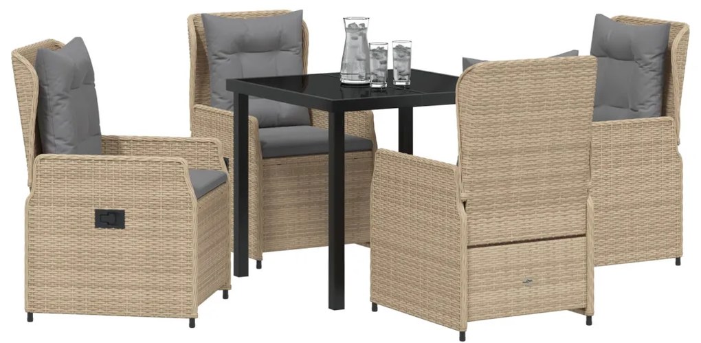 5 Darabos Kerti Étkező Garnitúra Bézs Poli Rattan, Asztal Fekete 80x80x73 cm Edzett Üveg