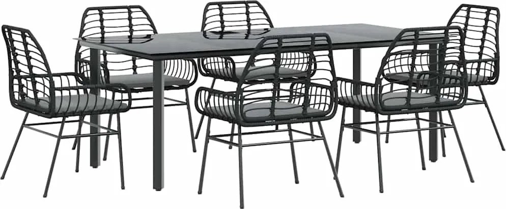 vidaXL 7 részes fekete polyrattan üveg kerti étkezőgarnitúra párnákkal