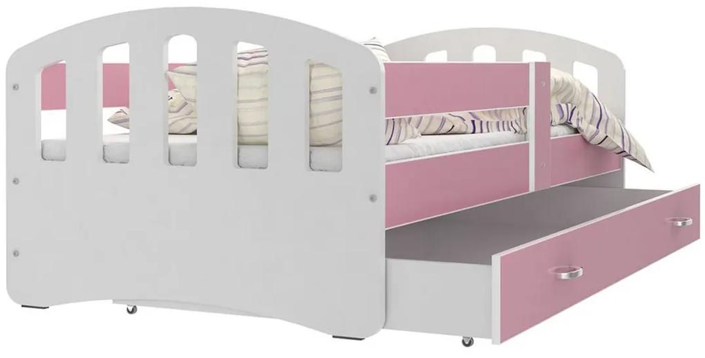 HAPPY P1 COLOR gyerek ágy + ajándék matrac + ágyrács, 180x90 cm, fehér/rózsaszín
