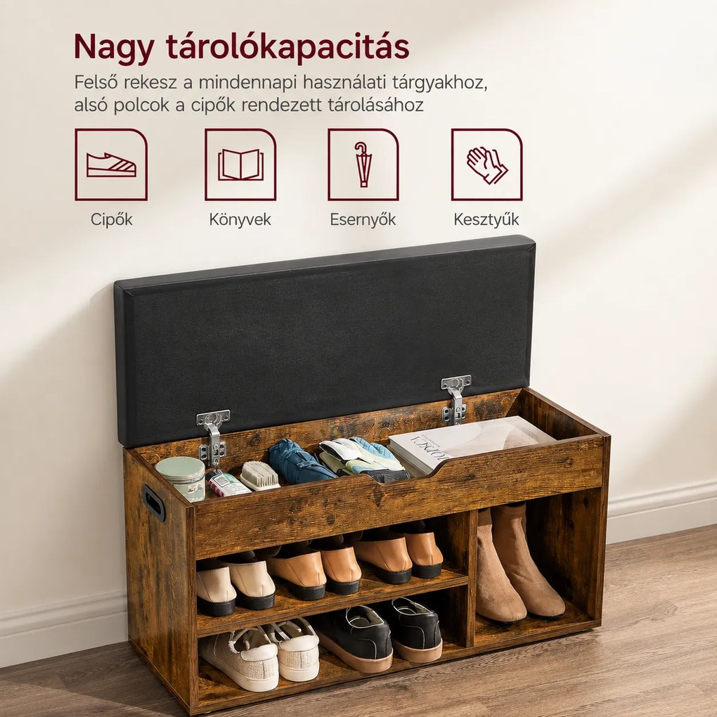Tárolópad párnázott üléssel, 3 rekeszes cipőpad 80 x 30 x 44 cm, rusztikus barna