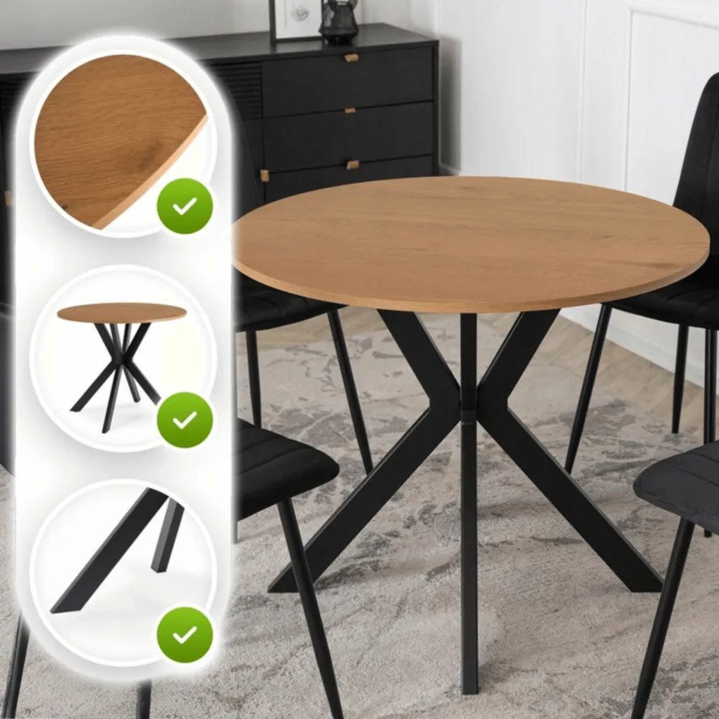 Kerek Étkezőasztal Aranytölgy/Fekete Színben. LAUREN 80 cm