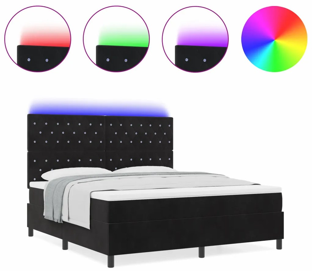 Boxspring Ágy Mattal &amp; LED Fekete 180x200 cm Bársonyos