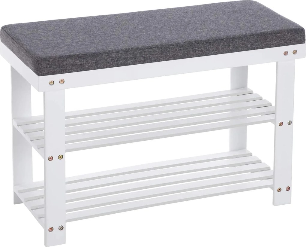 Bambusz cipőpad,2 polcos cipőtároló pad, fehér és szürke 71 x 29 x 49 cm