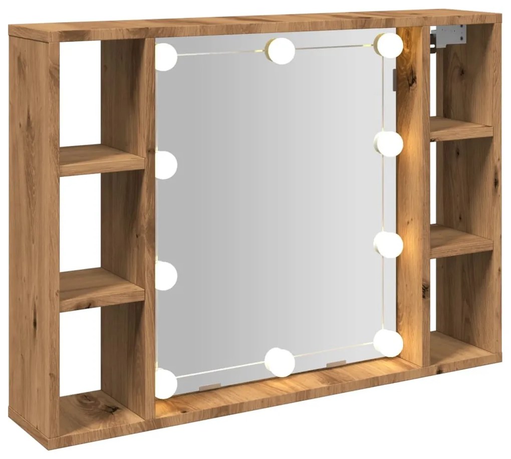 kézműves tölgy szerelt fa tükrös szekrény LED-ekkel 76x15x55 cm