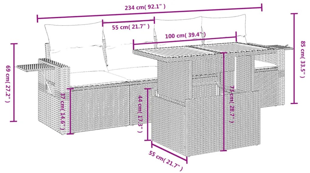 5 részes fekete polyrattan kerti kanapészett párnákkal