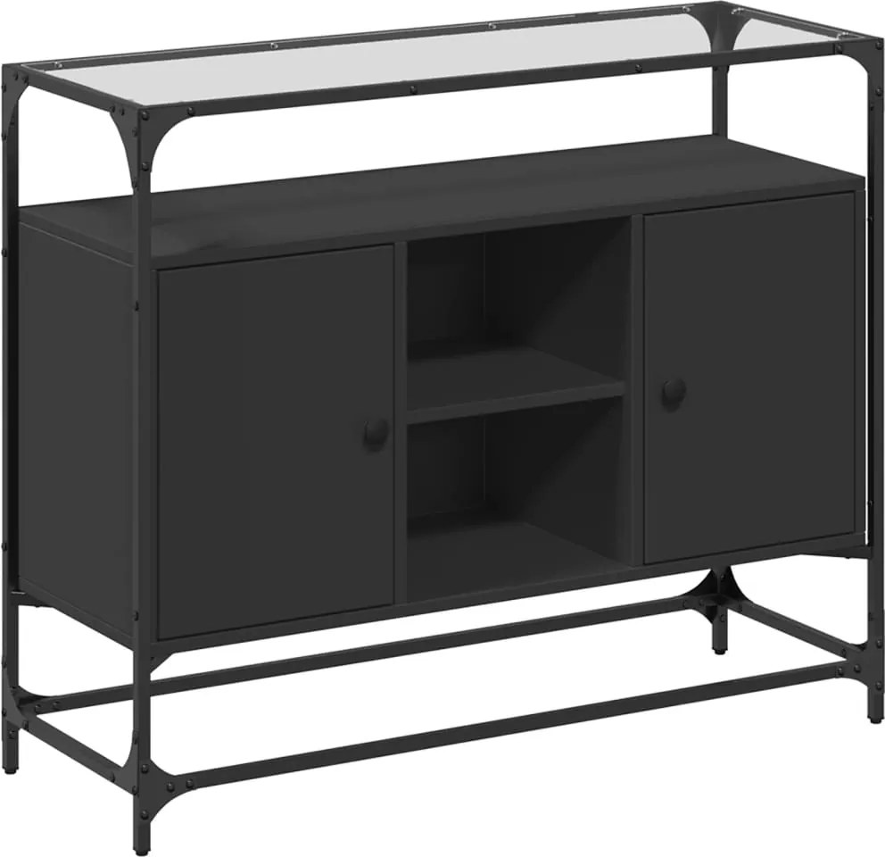 vidaXL fekete szerelt fa tálalószekrény üveglappal 98 x 35 x 81 cm
