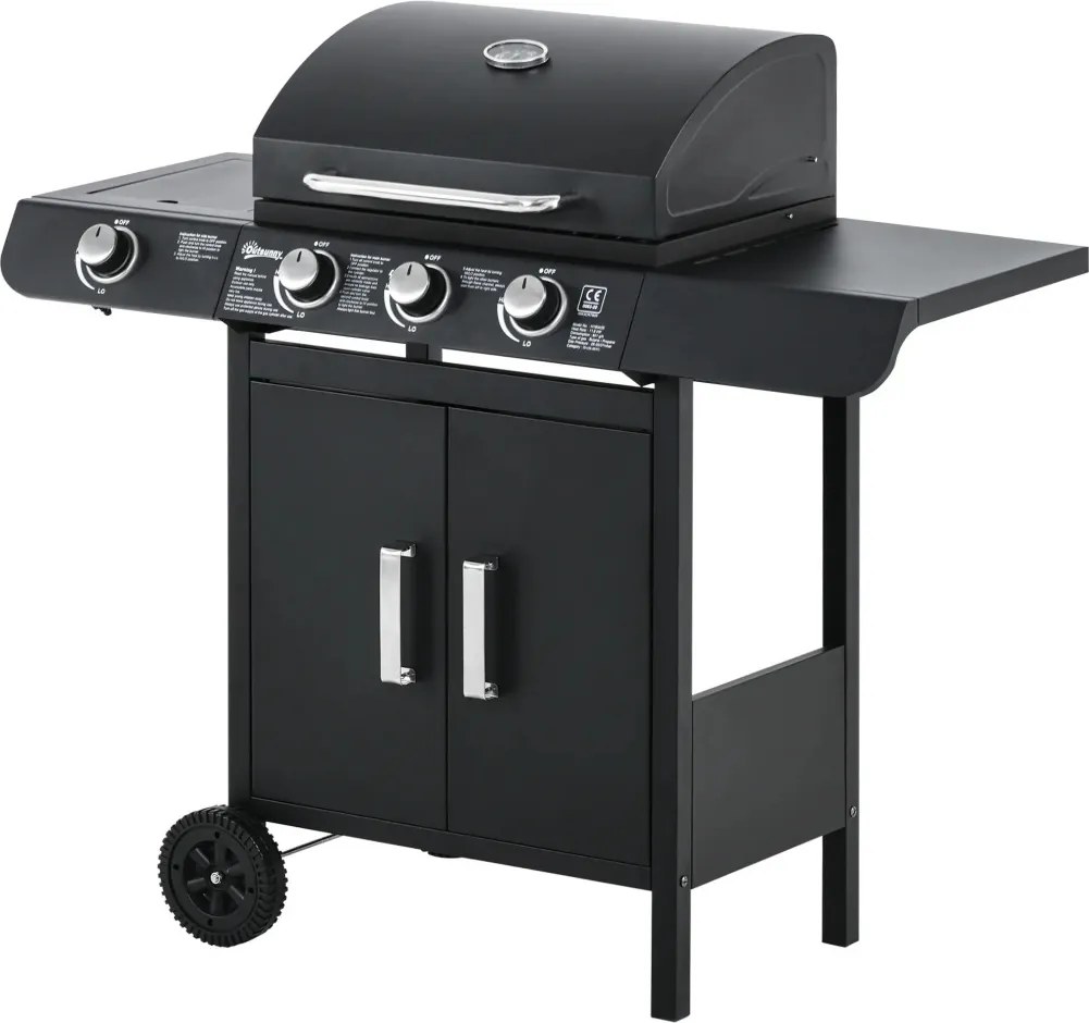 Outsunny Gázgrill 3 fő égővel + 1 oldalsó égővel, tárolópolccal, rozsdamentes acél, fekete