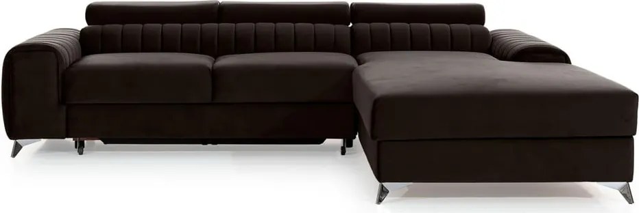 Sötétbarna bársony kinyitható-tárolóhelyes sarokkanapé (jobb oldali-heverő résszel) Grayson – ELTAP