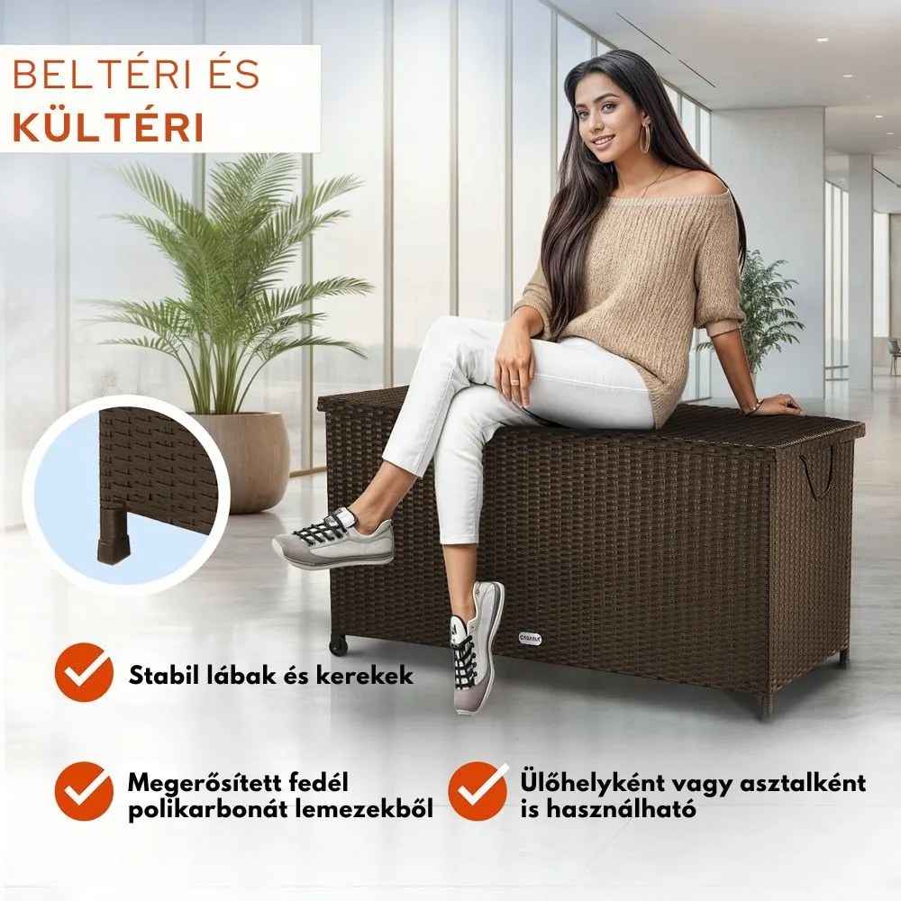 RICCO polyrattan tárolódoboz, 270L, 117x53x60cm, sötétbarna Casaria