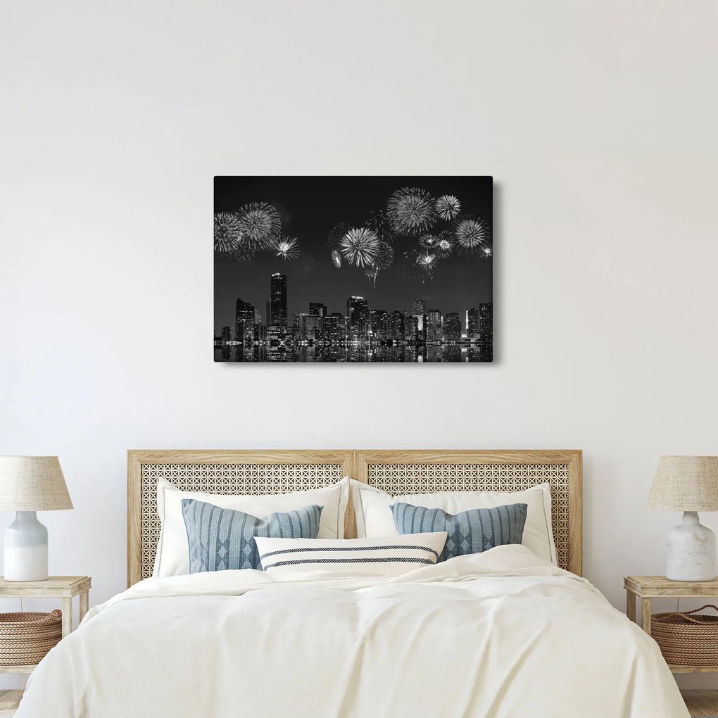 Kép - tűzijáték Miamiban, fekete és fehér (90x60 cm)