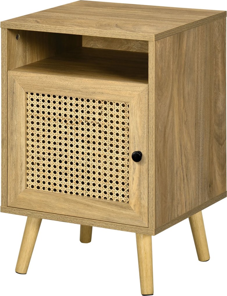 HOMCOM Fából készült Éjjeliszekrény, Kisméretű Fából készült Éjjeliszekrény, Boho Stílus, Szekrénnyel és Nyitott Polccal, Hálószobába, Nappaliba, 39x3