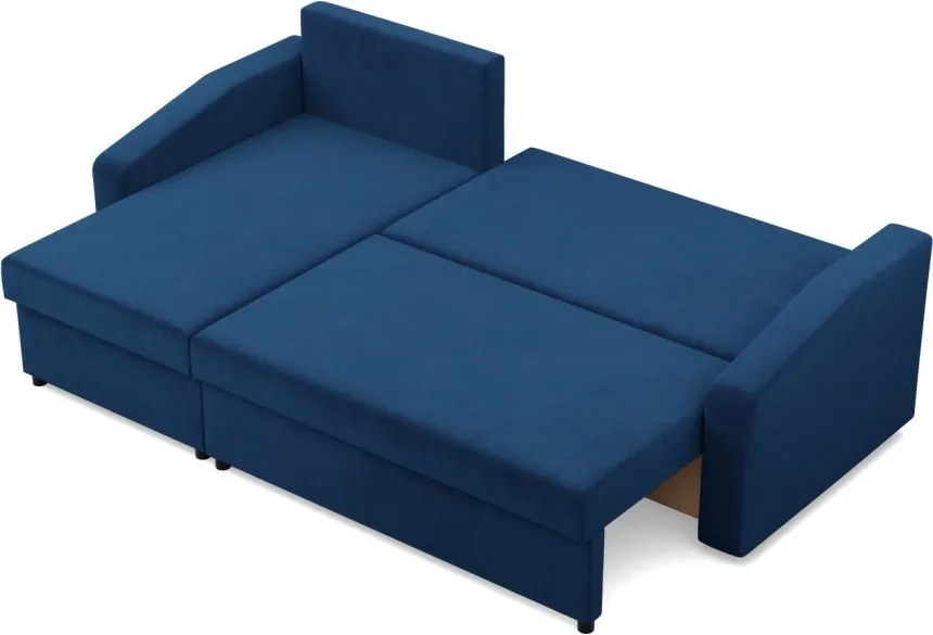 Zeus sarokkanapé, 2 ágyneműtartóval, döntött kartámasz, bársony, univerzális oldal, bonell töltet, kék