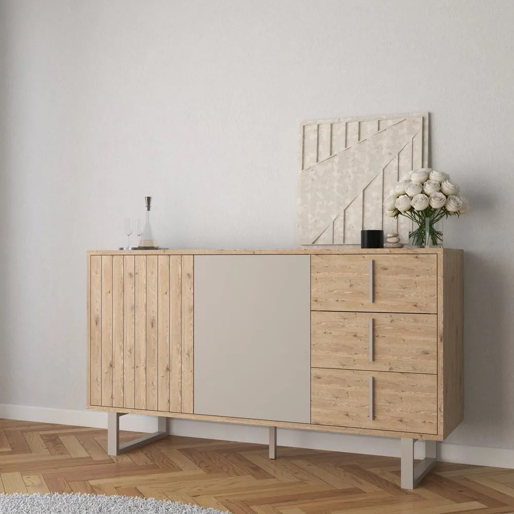 Szürke-natúr színű alacsony komód tölgyfa dekorral 140x80 cm Millay – Marckeric