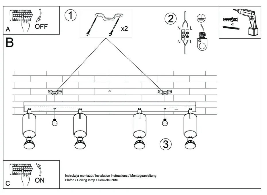 Etna 4L fekete mennyezeti lámpa - Sollux