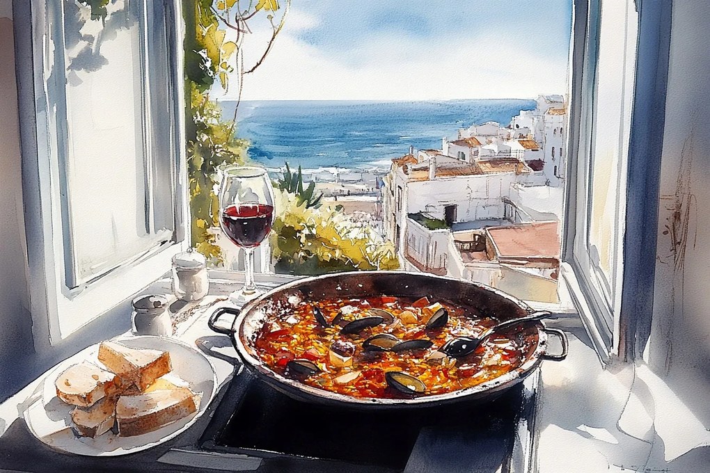 Vászonkép Canvas Ablak Konyha Tenger Paella Bor Spanyolország 60x40