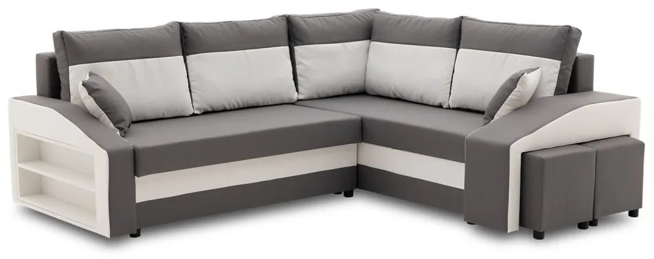 Grande sarokkanapé polcokkal és puffokkal , polc a bal karfaban puffok a jobb karfaban, jobboldali, szövet anyag, bonell töltet, szürke - fehér